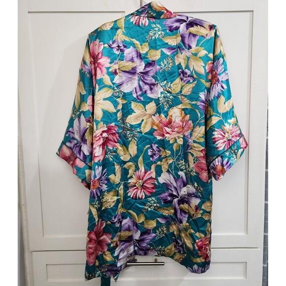 California Dynasty Vintage Floral Satin Robe Medium Boudoir Kimono Short Length - Picture 10 of 12